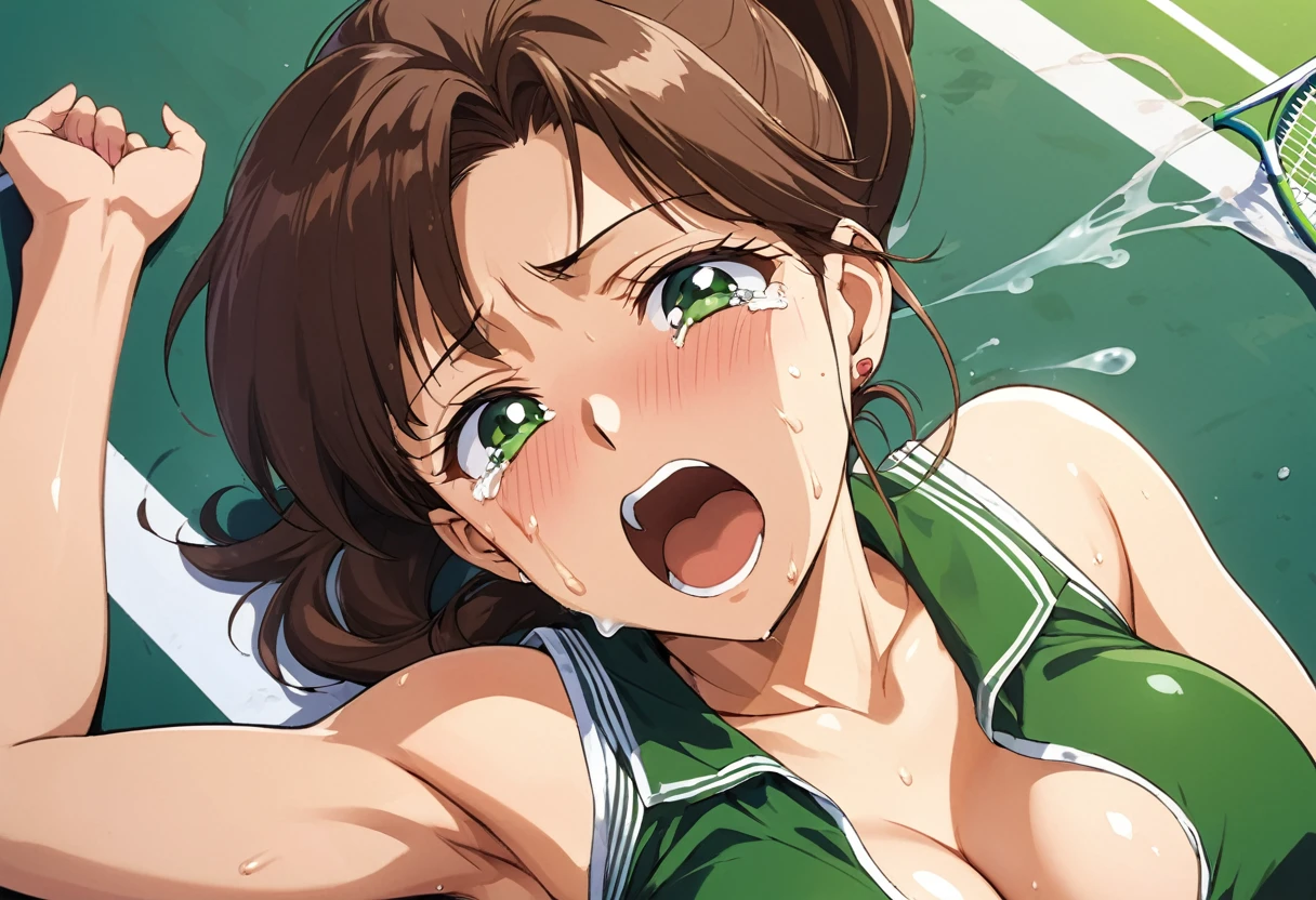 masterpiece, Highest quality, High resolution, (Makoto Kino),1990s \(style\),height: 175cm, Brown long hair,ponytail、 sexyな長い脚, green tennis uniform, Tennis court,evening,(E-cup beautiful breasts)、Sweating all over the body、vapor、Muscular、sexy,Crying face、Crying loudly、Scream,Open your mouth wide,A facial expression of pleasure、Sexual climax、Sweaty、Configuration from the front、look up,couple,nsfw,sex,vagina,penis,Semen splattered on face、Anime-style painting style,Composition focusing on the upper body、Lying on your back、Pile back