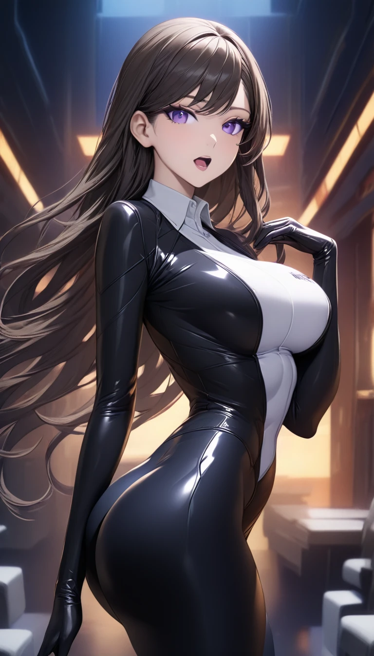 ((masterpiece)), ((high quality)),((ultra-detailed)), ((extremely detailed)),(character portrait), 4K,8K,wearing black pants suit, white collared shirt, black pants, 20yo, a beautiful woman, very tall woman with great style, perfect big breasts, perfect big ass, tight suit, slender body, 1girl, solo, middle perfect hands, perfect face, perfect purple eyes, perfect body, beautiful legs, cinema lightning, cold beauty, open mouth
