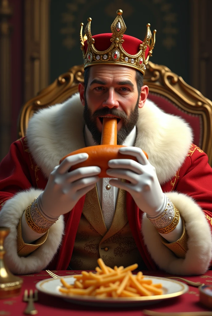 1man, solo, portrait of burgerking mascot sit on king throne, giant burgers on wooden table, glass of wine, castle, golden ornament, looking at viewer, details, realistic, photography, blurry background, softfocus , bokeh <lora:ARWBurgerKingMascot:1>