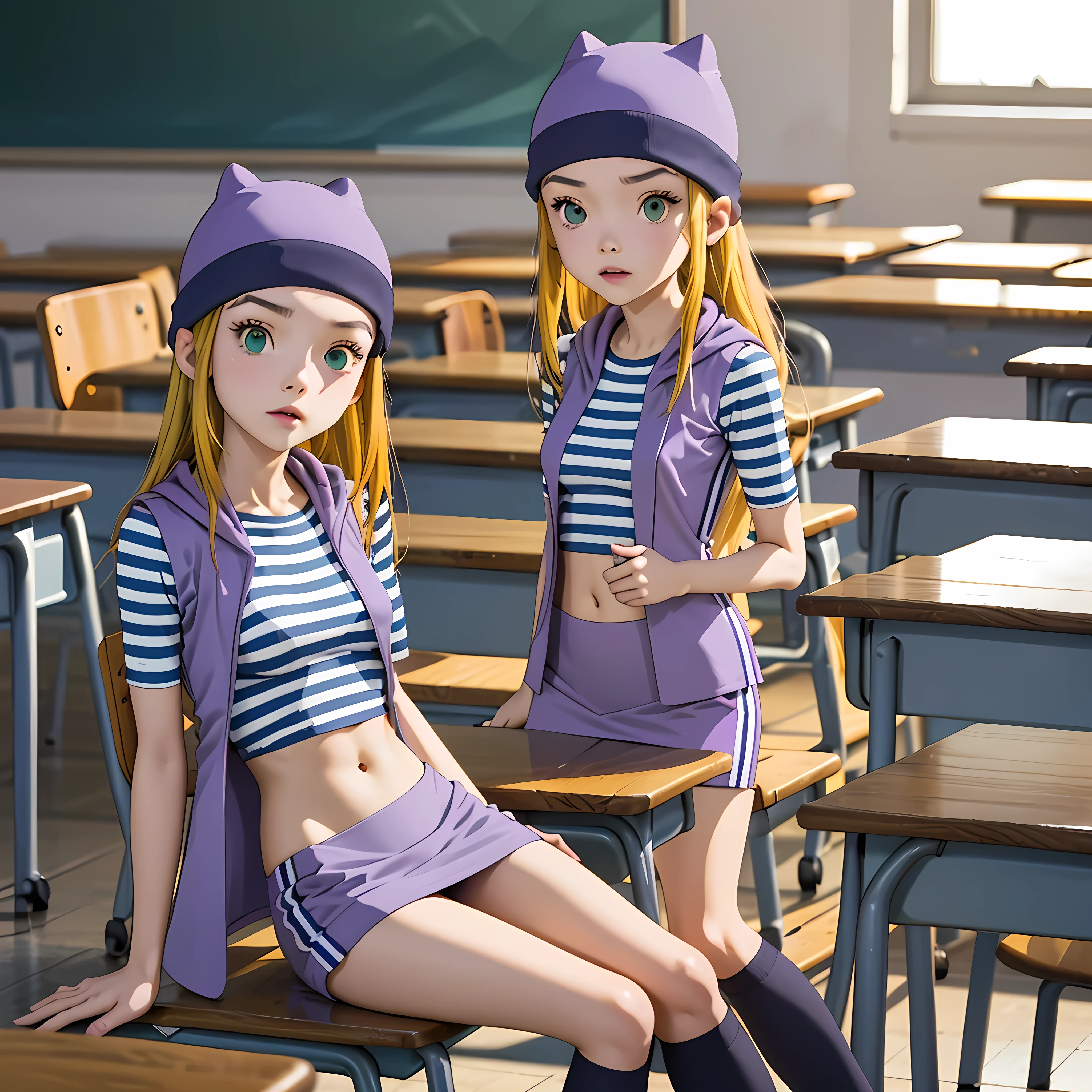 (masterpiece, best quality), 1girl, izumi Orimoto, indoors, classroom, green eyes, blonde hair, long hair, purple beanie, purple vest, purple miniskirt, blue white striped shirt, long purple socks, purple vest, striped shirt, navel shirt, medium size breast, lying down, on a table.