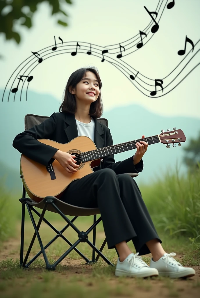 8k, RAW Photography, portlate, top-quality, 超A high resolution, Photorealsitic, 女の子1人, full bodyesbian, eye glasses, guitar,a smile, eye lashes, beauty breast, Spread your legs apart, 电影灯光, depth of fields, lensflare、