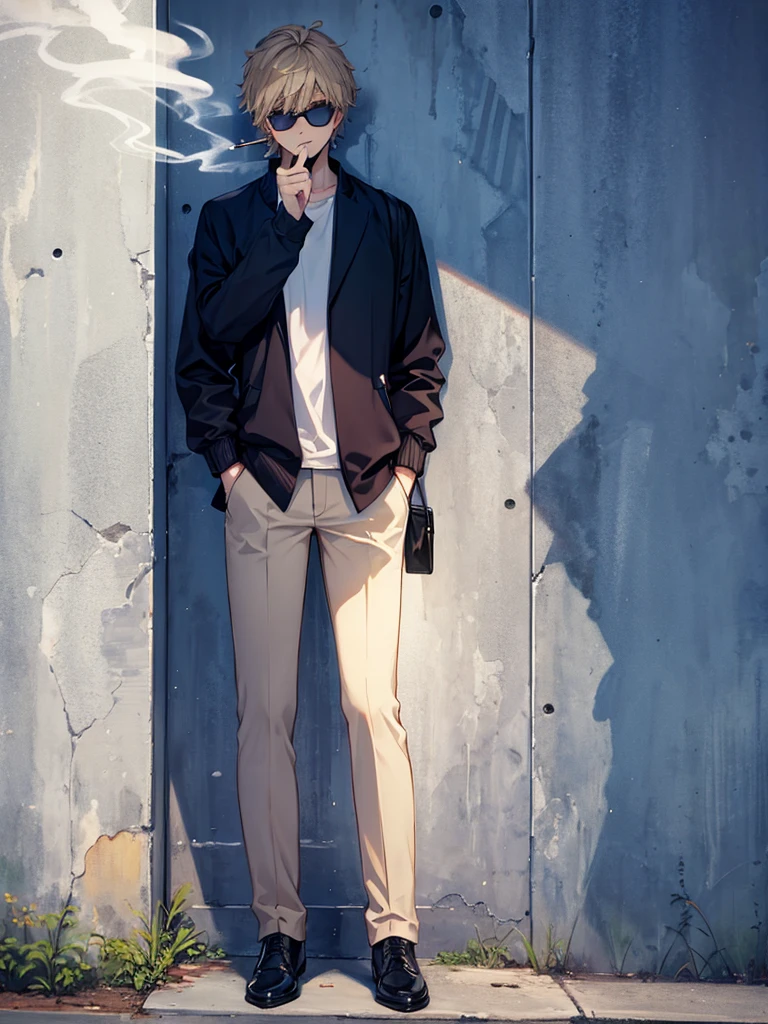 Standing posture、To the tips of the shoes、good looking, alone, 1 male, There are scars on the face、short hair, Black hair with smoky grey tips, Brown eyes, Black Shirt, Black and white hooded, smoking,