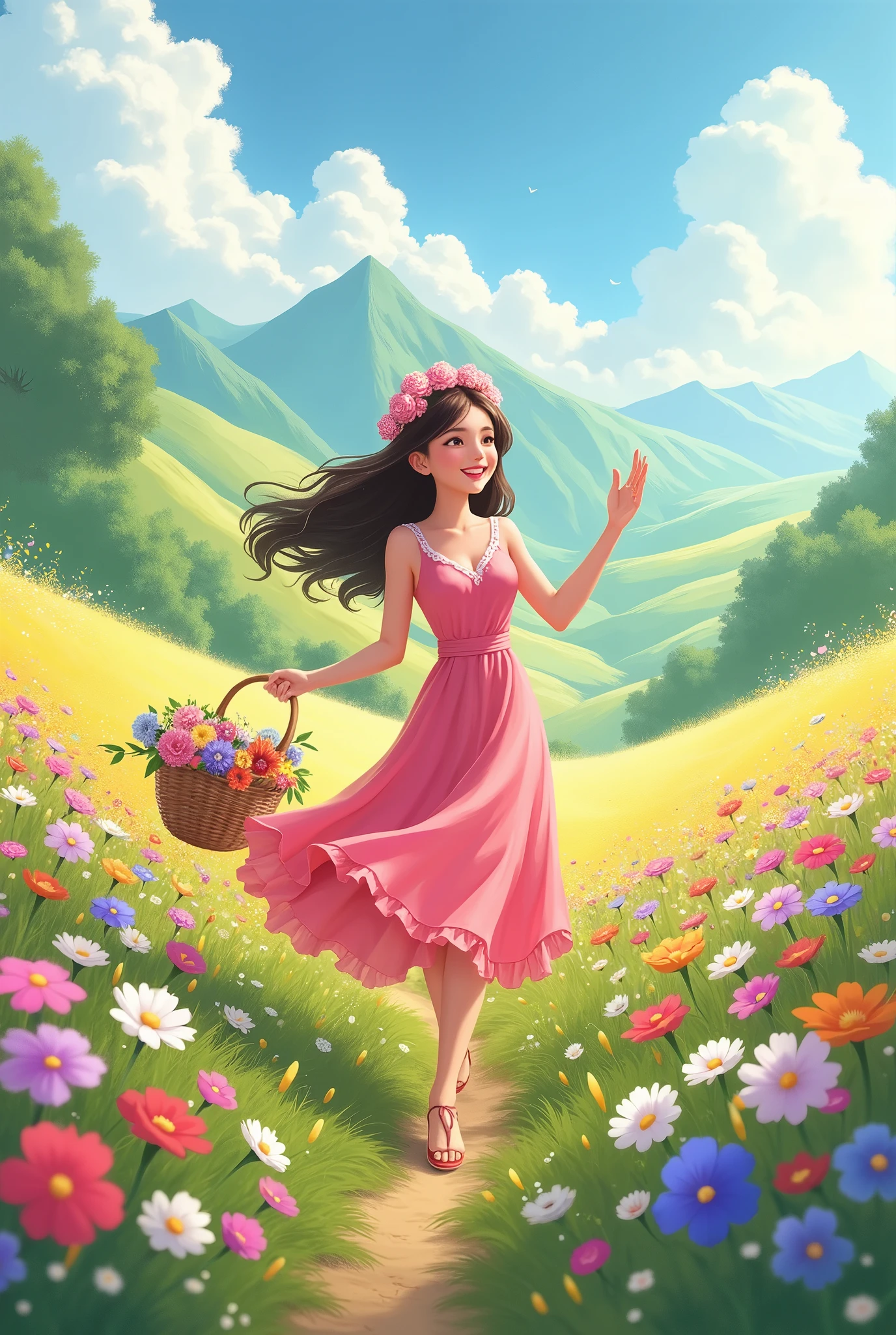 A woman in a pink dress is walking through a field of flowers - SeaArt AI