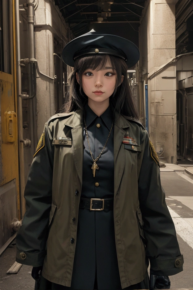 (nmasterpiece:1.2, need), (real shoot, intricately sculpted), 独奏, 1lady,Brown-haired,long haired,German military uniform,Gray military uniform,Black pantyhose