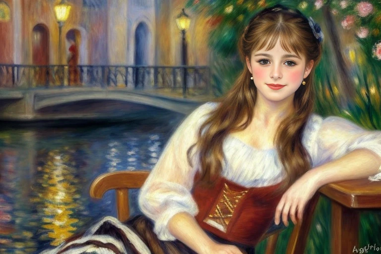 A painting in the style of the painter　Auguste Renoir,  , A Spanish beautiful girl, cute girl ,wonderful girl, she is 18-age, (dark brown hair , brown eye, middle curl hair, little smile ), (tradition l Spanish dress and skirt , hi-heal ), ,in Madrid night bar, on chair, many listener, dark lighting ((En plein air, impressionism, best quality, anatomically correct, masterpiece))