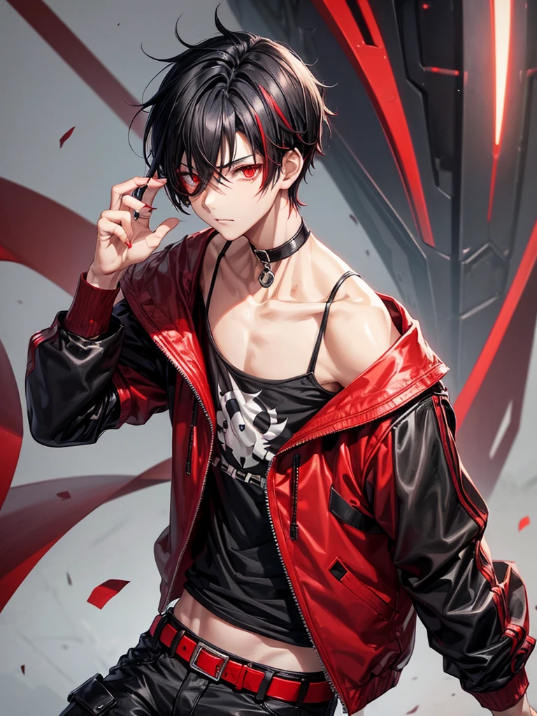 young man, has a good body, quite muscular, buz zcut hairstyle, full body, black undershirt, red jacket, red eyes, black shorts, red sneakers, necklace accessories, grinning, have fangs, Aquarius tattoo on left arm.