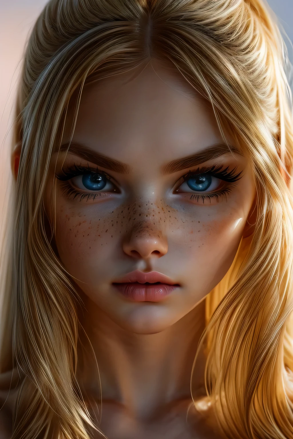 very beautiful woman, perfect face, long blonde hair, small sharp face, perfect big blue eyes, thin arched eyebrows, very thick and long eyelashes, close up face, freckles, small nose, black winged eyeliner, front view, looking at viewer, super white skin, russian soft small features