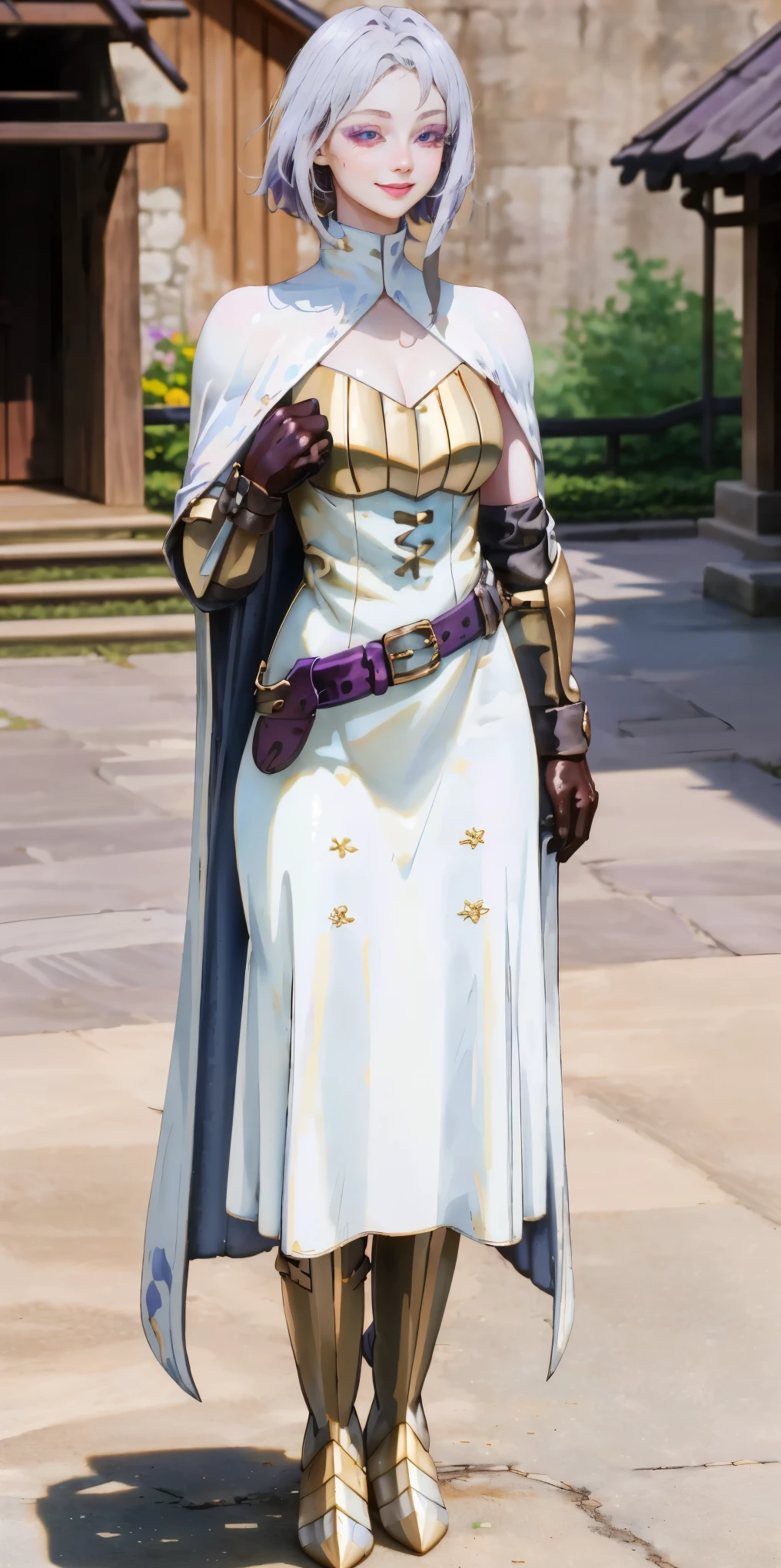 (Female chest covered)(smile) Gray skin, pale golden hair and violet eyes. She prefers clothing of white and silver with cloaks of deep blue or purple, village background, huge_knockers ((very precise detailed)) ((highres) (masterpiece, best quality), 1girl, KnightFFT, WHITE cape, armor, WHITE dress, belt, gloves, boots
