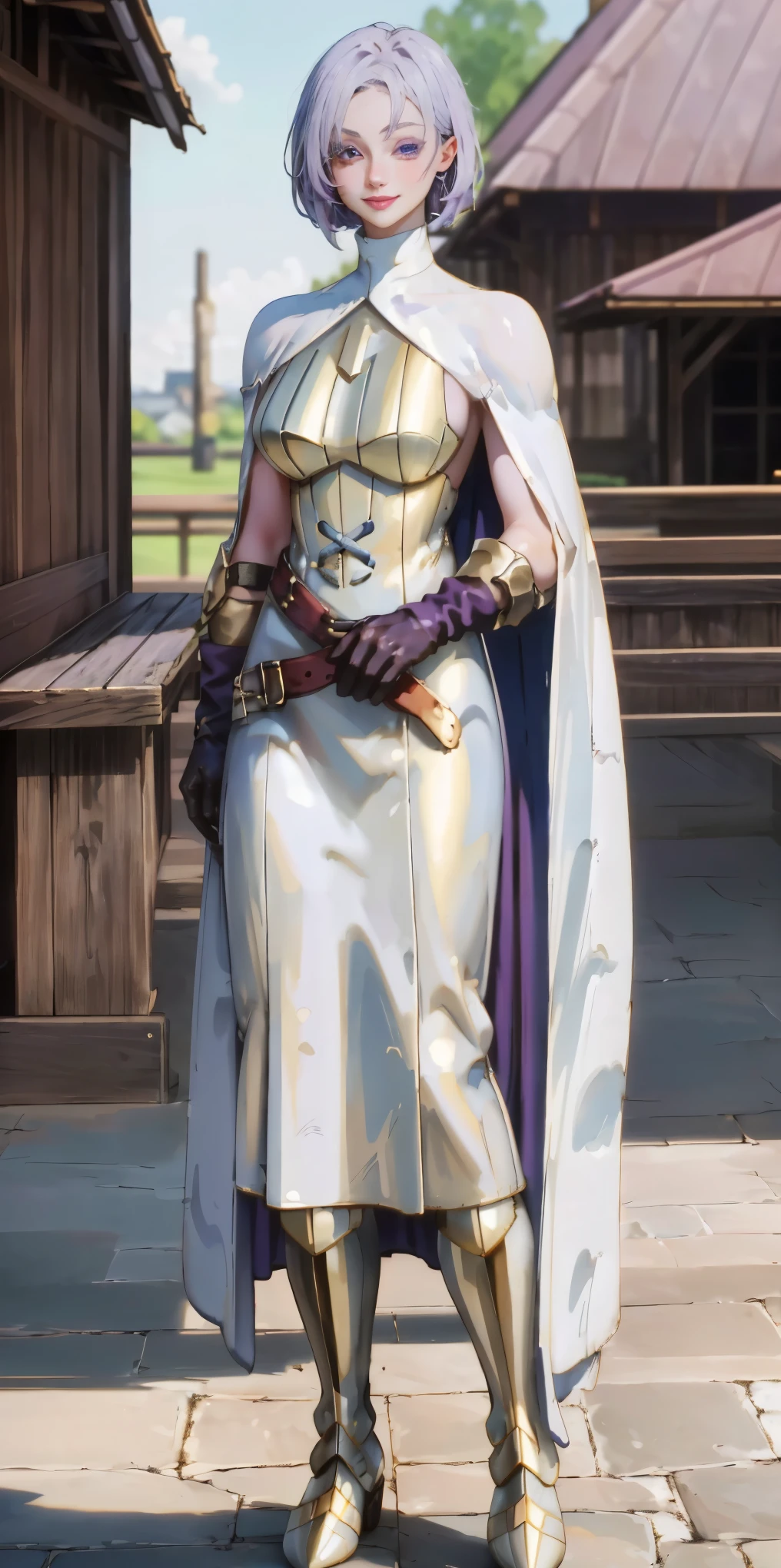 (Female chest covered)(smile) Gray skin, pale golden hair and violet eyes. She prefers clothing of white and silver with cloaks of deep blue or purple, village background, huge_knockers ((very precise detailed)) ((highres) (masterpiece, best quality), 1girl, KnightFFT, WHITE cape, armor, WHITE dress, belt, gloves, boots