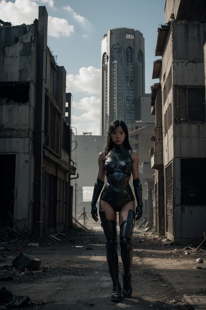 Highest quality,Very sophisticated beautiful Japanese cyborg girl, She spreads her legs and shows her vagina in front of the destroyed city of Kyoto、Mechanical chest、 Bionic body with futuristic details. (A highly sophisticated cyborg with his arms folded in front of a destroyed city, Bionic body with futuristic details.)