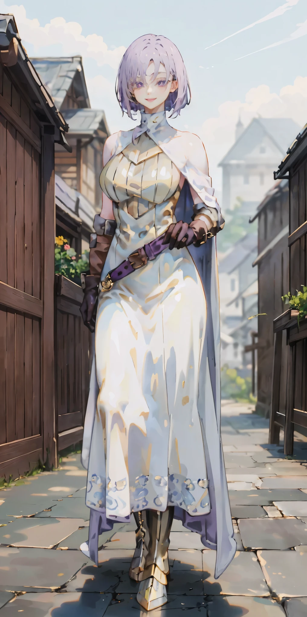 (Female chest covered)(smile) Gray skin, pale golden hair and violet eyes. She prefers clothing of white and silver with cloaks of deep blue or purple, village background, huge_knockers ((very precise detailed)) ((highres) (masterpiece, best quality), 1girl, KnightFFT, WHITE cape, armor, WHITE dress, belt, gloves, boots