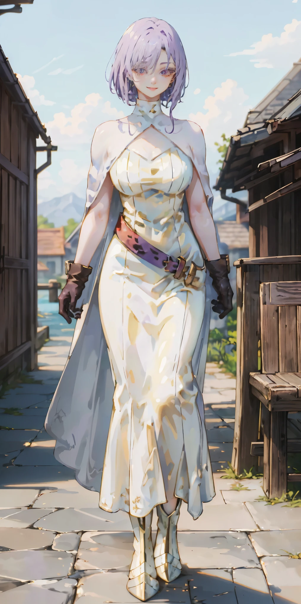 (Female chest covered)(smile) Gray skin, pale golden hair and violet eyes. She prefers clothing of white and silver with cloaks of deep blue or purple, village background, huge_knockers ((very precise detailed)) ((highres) (masterpiece, best quality), 1girl, KnightFFT, WHITE cape, armor, WHITE dress, belt, gloves, boots