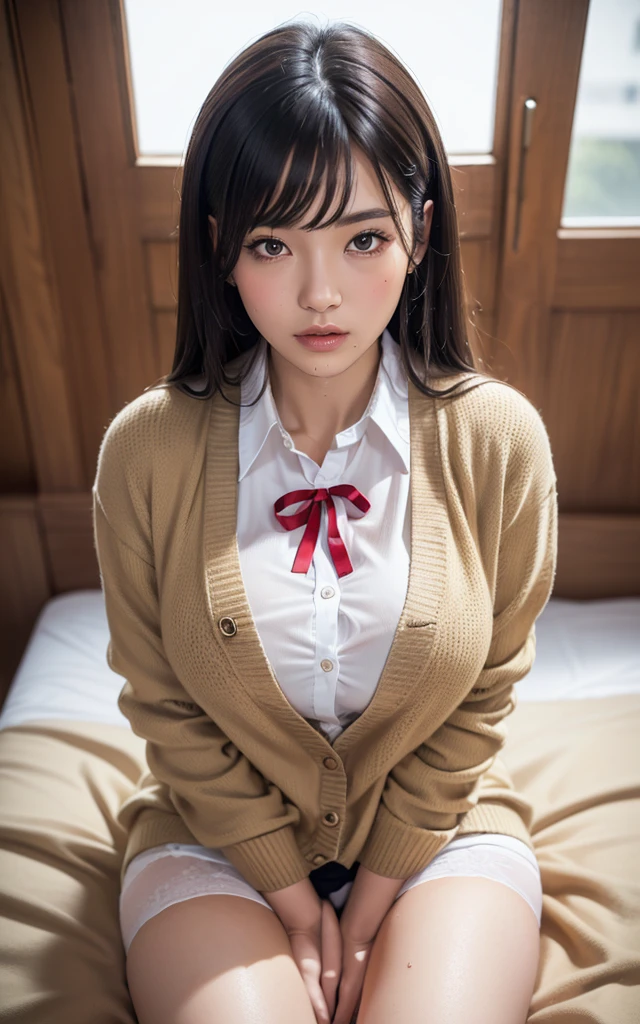 (((8k, High resolution, Highest quality, High resolution))), milf alone, Natural body shape, White skin, Natural Makeup, Black Hair, bangs, Straight Long Hair, ((High School Uniform)), ((Beige cardigan, white collared long sleeve blouse)), ((no skirt, pattern pantie with wet stain)), (red school ribbon), (Big Breasts:1.3), ((The upper body is wearing a uniform)), (((((Looking into the viewer))))), (((Head to shin portrait))), (((revealing thighs))), Bedroom, On the bed, Sit with your legs apart, ((Focus on the crotch)), White socks