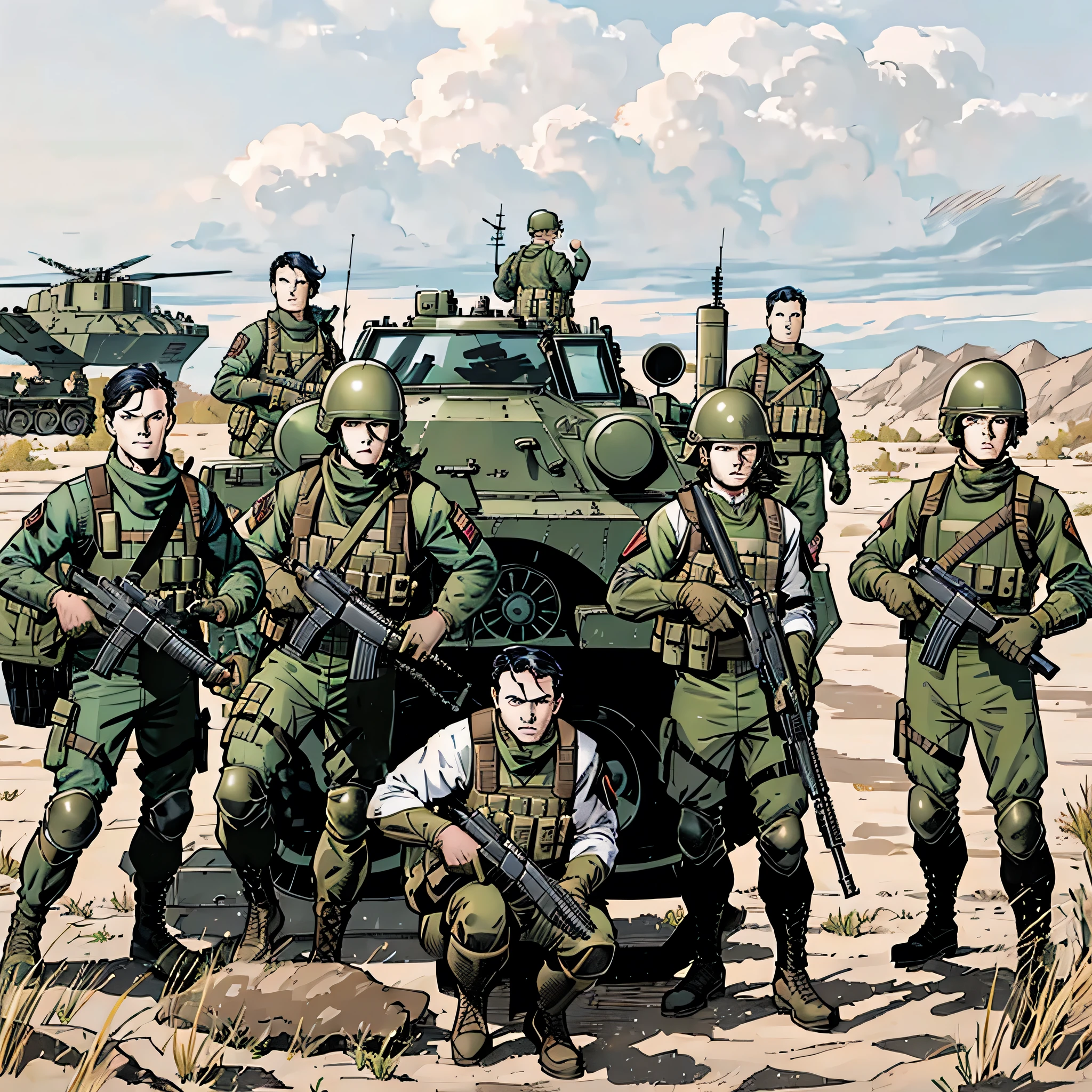 Anime art of female military soldiers wearing high-tech gas masks standing in a formation line in a futuristic setting.