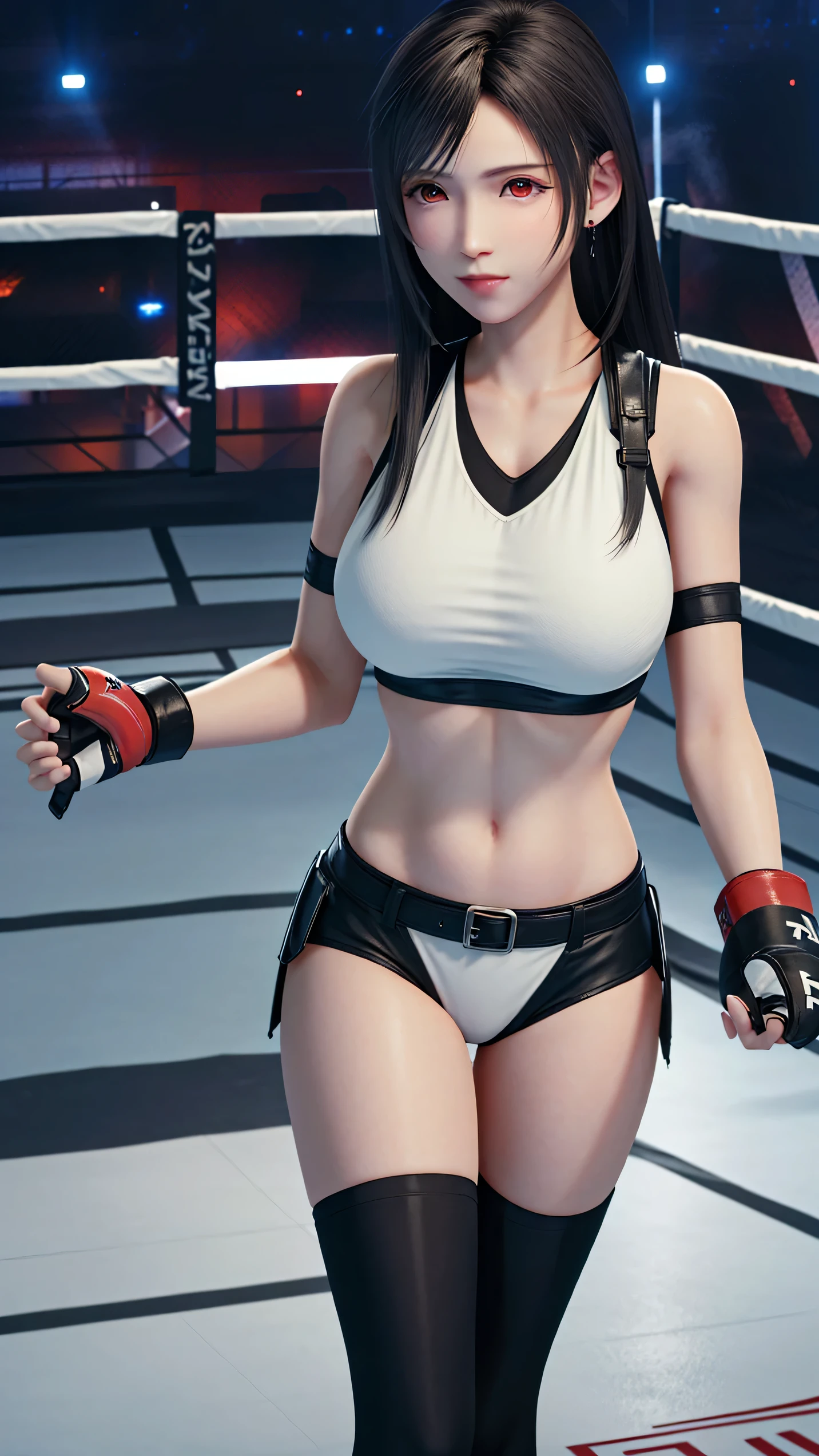 8k,masterpiece, Highest quality,big breast, (1 person:1.5), Tifa Lockhart, red_eye, Black Hair, Long Hair, Professional Lighting, (Glowing Skin: 1.2), shiny sweat, ((Highest quality)), Sharp focus: 1.2, Highly detailed face and skin texture, detailed eye, Perfect Face, Perfect body, CG, Huge Breasts, before (Age 25, Mature, cool and beautiful face), (on MMA Arena :1.5), (wearing MMA uniform:1.5, white tops and black bottoms:1.3), thigh, belly button,Fighter,glaring,(Look At View:1.2),Full body, Dynamic Angle,