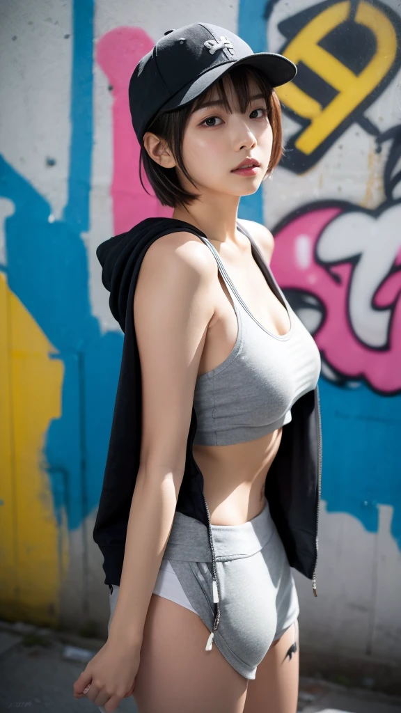 masterpiece, Highest quality, Very detailed, 8k, Realistic, One Girl, alone, Tomboy, Very detailed face, (head shot:1.5), Standing in front of a wall covered in hip hop graffiti, Cyberpunk neon cityscape,Pixie cut white hair, She is wearing a short neon tank top and an open hoodie....,I can see your chest,Nice ass,Wear a New Era cap