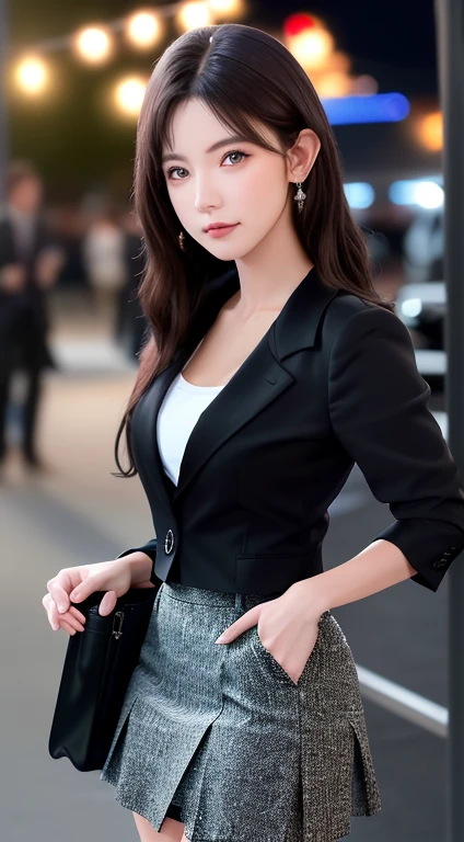 best quality, masterpiece, 1 girl, pretty face, (photo actual:1.3), Edge lighting, (Highly detailed skin:1.2), 8k uhd, DSLR camera, high quality, High resolution, 4K, 8k, Bokeh, Ridiculous, The best ratio of four fingers and one thumb, (actual:1.3), cute 1 girl, Wearing a black formal blazer, Medium breasts, Short skirt,