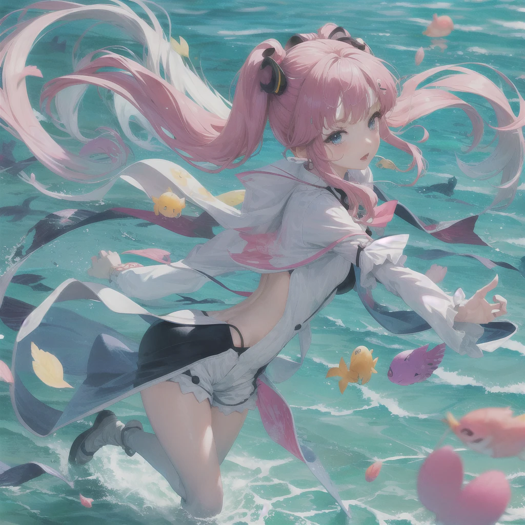 masterpiece, (best quality:1.4), best illustration, best shadow, (beautiful detailed:1.4), finely detailed, (dramatic light:0.9), HDR, ray-tracing, intricate details, cherry blossoms, sakura tree, (floating sakura), blue sky, white cloud, 1girl, solo, from above, footbath, BREAK, Atlanta /(Kancolle/), pink hair, twin tails, grey eyes, large breasts, feet out of frame, suspenders, suspender skirt, gloves, breasts, garrison cap, partially fingerless gloves, white gloves, long sleeves, high-waist skirt, black skirt, white shirt, earrings, star earrings, black headwear, anchor hair ornament, garter straps, hair ornament, dress shirt, headgear, bare legs, submerged feet, partially submerged,