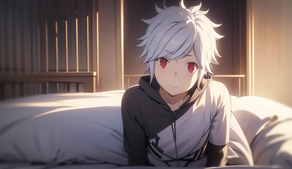 Bell_cranel, One, male focus, bell_kranelle, White hair, Red eyes, , social fiction, Rock punk,headphones, neon, lying in bed, tired, closed eyes, sleeping. 