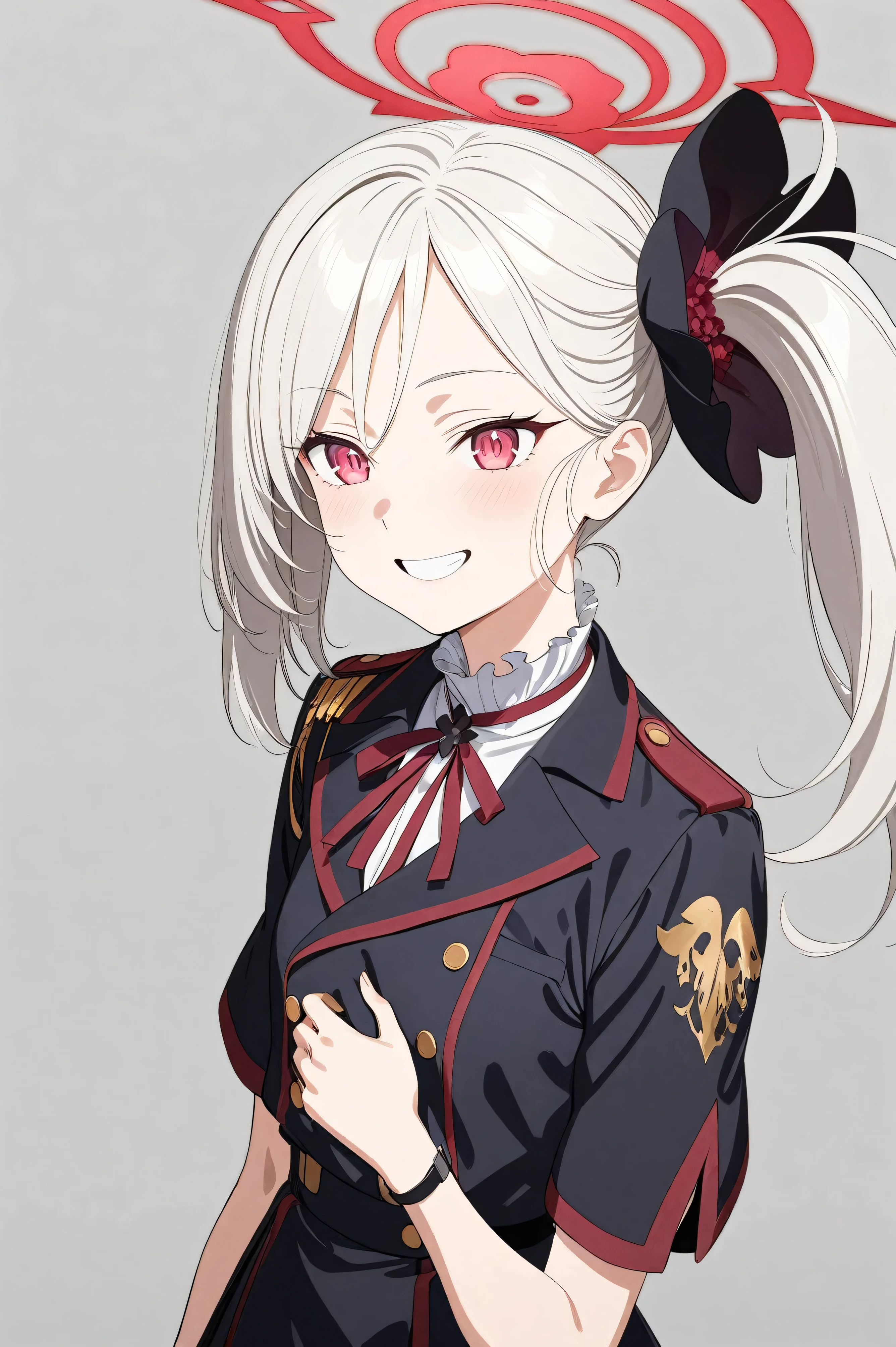 Highest quality, Great quality, so beautiful, Absurd, (One girl, January, Blue Archive, alone, Red eyes, Gray Hair, Side Ponytail), (Official artist art:1.5), (Realistic Face:0.7), (Grin, Loleg Bikini, ), (Cowboy Shot), (Glowing Eyes:1.3), (Half closed eyes:0.9), (thigh), Expressive eyes, Perfect Face, 4K, A highly detailed anime illustration, Very fine grain, Perfect Anatomy, light, Very delicate body, Smooth Skin, (Gray background:1.5), Clear Eyes, Beautiful Face, Small breasts, (Chiaroscuro:1.5), (High resolution:2), Cinematic