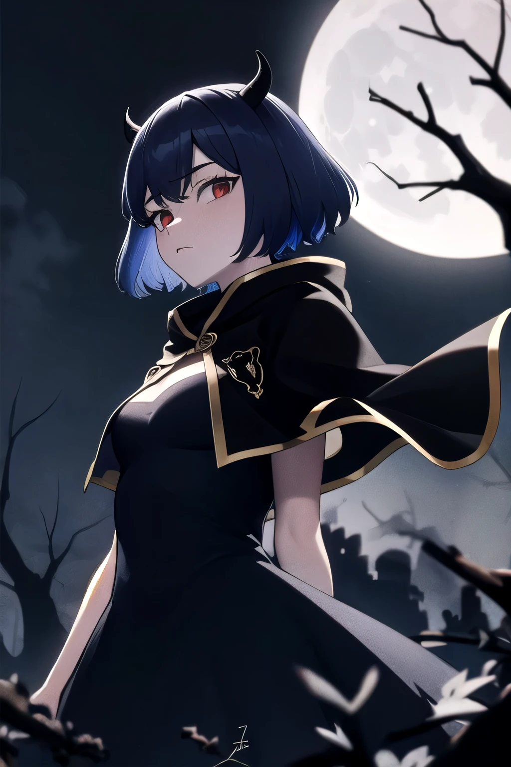 masterpiece, vibrant colours, best quality, detailed, highres, absurdres, score_9, score_8_up, score_7_up, aasecre, horns, black capelet, black dress, looking at viewer, upper body, night, moon, withered trees, looking at viewer