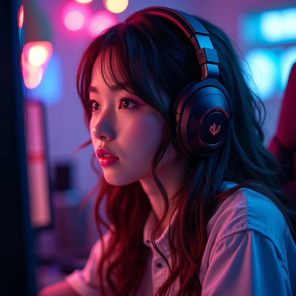 a beautiful  aged 7 years with long black hair, wearing a gaming headset, wearing gaming clothes, is sitting in front of a computer in her room lit by red neon lights