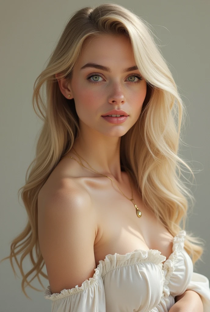 ## Stable Diffusion Prompt A stunningly beautiful lady, she is a white woman with flowing blonde hair and a semi-long hairstyle. She is topless, leaning forward, and completely naked. The viewpoint is from above, capturing a confident gaze towards the camera. Her facial expression is gentle and she wears a graceful smile. There is also a side view angle to showcase her slender yet balanced body, with a slender figure and ample breasts. The pose is reminiscent of a fashion model, exuding elegance and poise. Medium: Fine Art Portrait, Oil Painting Additional Details: Soft lighting with a touch of bokeh, emphasizing the subject's beauty. The artwork is created with remarkable attention to detail. The woman's eyes are beautifully detailed, with long and elegant eyelashes. Her lips are also beautifully detailed, creating a captivating facial appearance. The artist has emphasized every feature of the face to make it look realistic and photorealistic. Image Quality: (best quality, 4k, 8k, highres, masterpiece:1.2), ultra-detailed, (realistic, photorealistic, photo-realistic:1.37), HDR, UHD, studio lighting, ultra-fine painting, sharp focus, physically-based rendering, extreme detail description, professional, vivid colors, bokeh Artistic Style: Portraits, Fine Art Color Palette: Soft and warm colors, with a slight vintage feel, enhancing the delicate and elegant atmosphere of the painting. Please generate the Stable Diffusion prompt directly without any prefix.