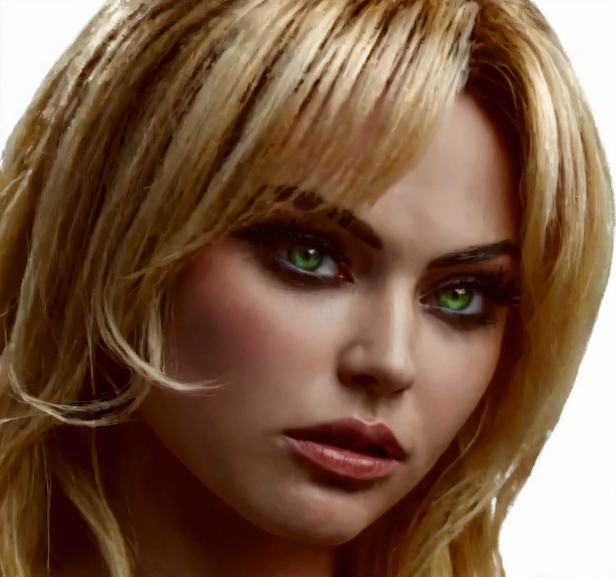 Woman with fierce expression，Angry and fierce expression，Green pupils，More pupil details，Realistic pupils，Intense eye makeup，Smoky makeup，ue5 render，3D Rendering