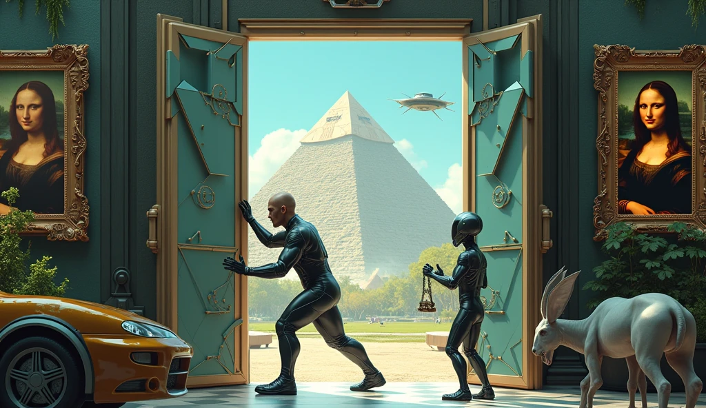 An intriguing tableau set in the sands of ancient Egypt, where a man in traditional Egyptian garb stands before a colossal, futuristic alien spaceship that has inexplicably landed amidst the grandeur of a forgotten civilization. The ship, a gleaming metallic pyramid adorned with hieroglyphic-like inscriptions, towers over the iconic pyramids of Giza, casting a stark contrast between the ancient and the extraterrestrial. The man, a scholarly type with a look of awe and discovery etched on his face, holds a device that seems to be a fusion of ancient papyrus scrolls and high-tech robotics. At his side, a metallic robot, its design reminiscent of a human-sized scarab beetle, meticulously examines the spacecraft with a beam of light emanating from its mechanical eye. The scene is bathed in the soft, warm light of a setting sun, which reflects off the ship's gleaming surface and casts long shadows that stretch towards the distant pyramids. In the foreground, a group of Egyptian workers, both amazed and fearful, cautiously approach the otherworldly spectacle. The image captures the intersection of time and technology, juxtaposing the wisdom of the ancients with the boundless possibilities of the cosmos.