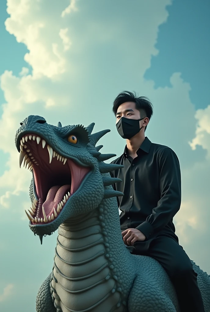 Creat ultra realistic picture where a  boy He wears a black shirt and face mask And he is sitting on a Chinese dragon with horns and fur on his back, down and under his head, and light is emanating from his whole body. The background feature is Light dark clouds