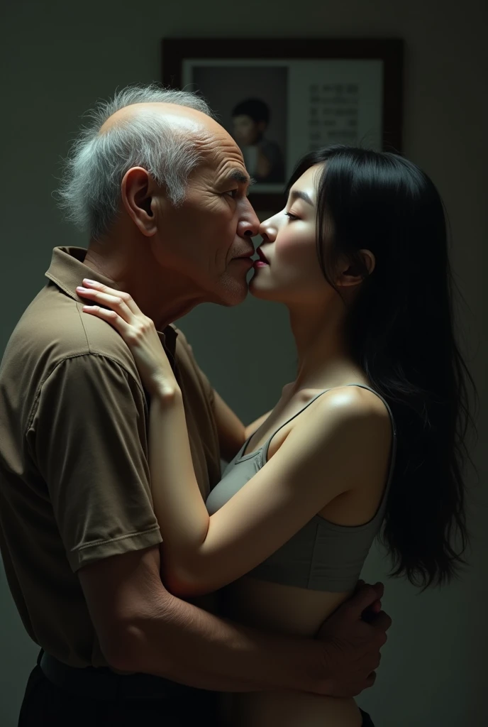 One korean old man and one young korean woman, age gap, age difference, giant tall size, old man 70, long beard white, face smile, hairy body, standing and hugging, kiss, ???? young girl 18, size tiny and skinny, hairstyle black long hair, face embarrassing blushed, ??? position, kissing, one old man with white hair, one young girl, on hotel, in the bedroom, detailed face, realistic, realism, big ?????