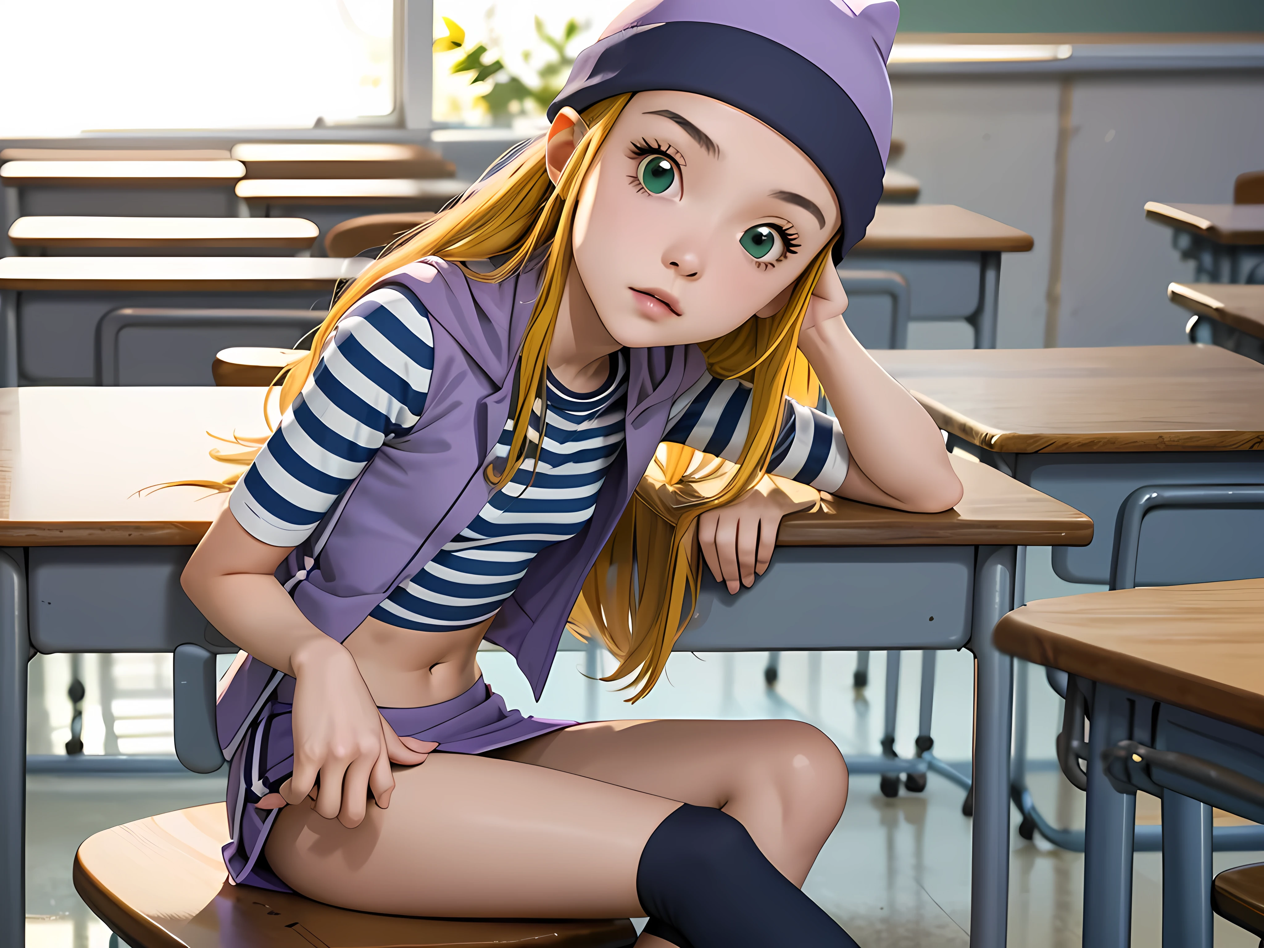 (masterpiece, best quality), 1girl, izumi Orimoto, indoors, classroom, green eyes, blonde hair, long hair, purple beanie, purple vest, purple miniskirt, blue white striped shirt, long purple socks, purple vest, striped shirt, navel shirt, medium size breast, lying down, on a table.