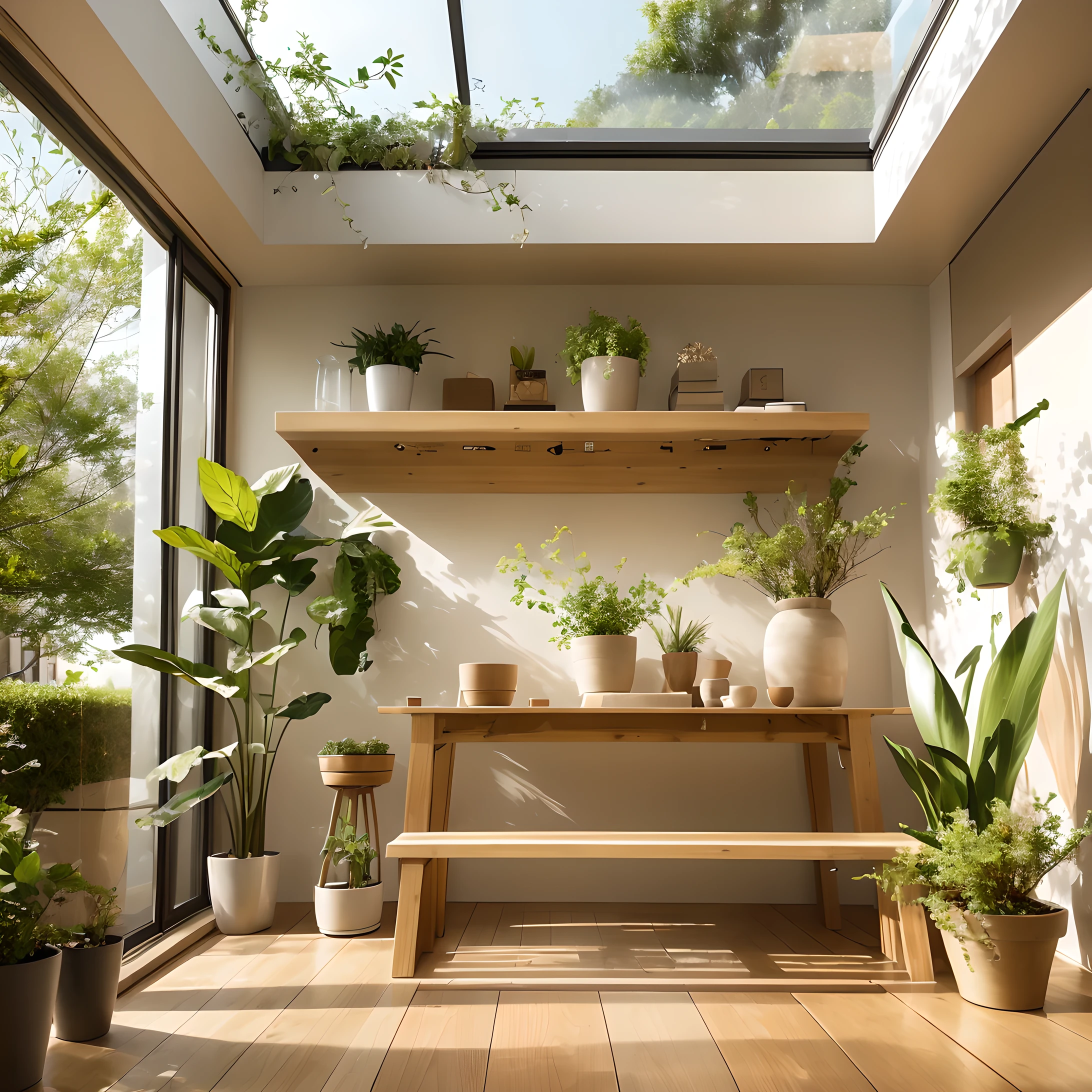 (masterpiece, best quality:1.2), (\shi nei she ji\), No humans, landscape, plant, Tree, bench, window, potted plant, indoors, table, Sunlight, Sky, Wooden floor, cup, flowerpot, shelf