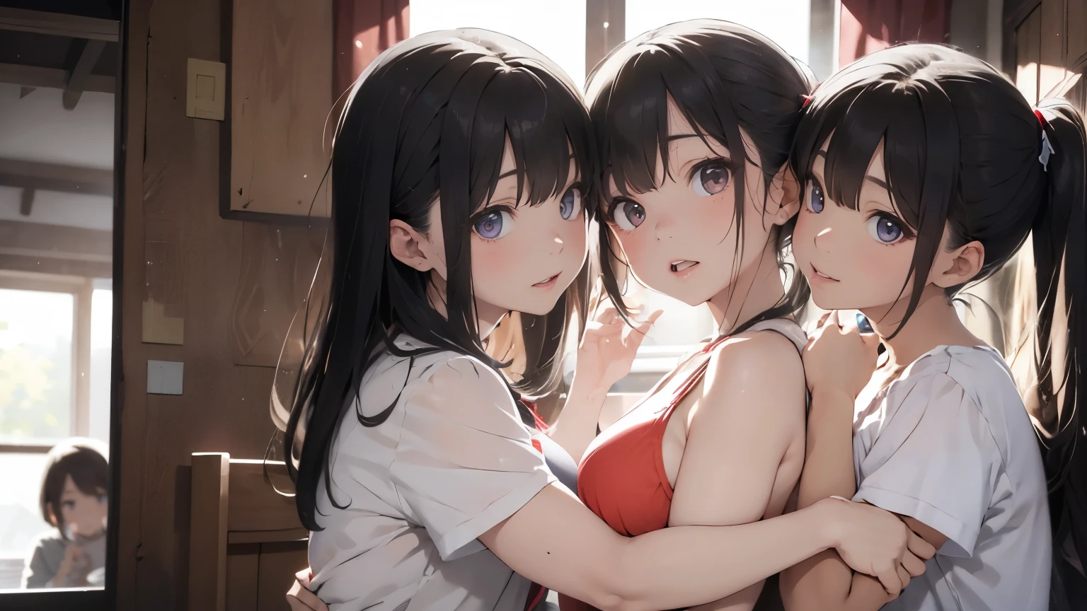((highest quality)), ((masterpiece)), (3 woman:1.5), cute woman are posing for a camera, (Lifting SHIRT:1.3), (open your mouth and laugh:1.3), ray tracing, (line up in a row)、(tits)、hair band, headband, hair bobbles, blouse, shirt,silver hair, brown hair, blond hair, (navel), jewelry, looking at viewer, necklace, long hair, short hair, (abs),(Depth of the bounds written),