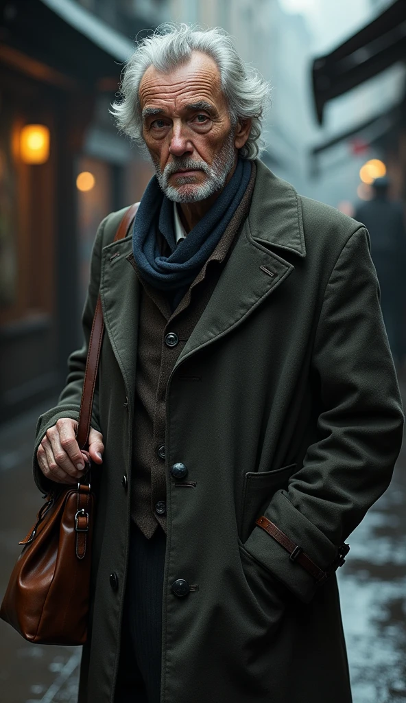 A mysterious man in his late 50s or early 60s, with a weathered face that suggests a life of many journeys. He wears a long, worn coat with a high collar, shielding him from the elements. His hair is silver and slightly unkempt, and his eyes are kind yet distant, holding secrets of the world he’s seen. He carries a small, old leather bag slung over his shoulder, the contents unknown, adding to his air of mystery.