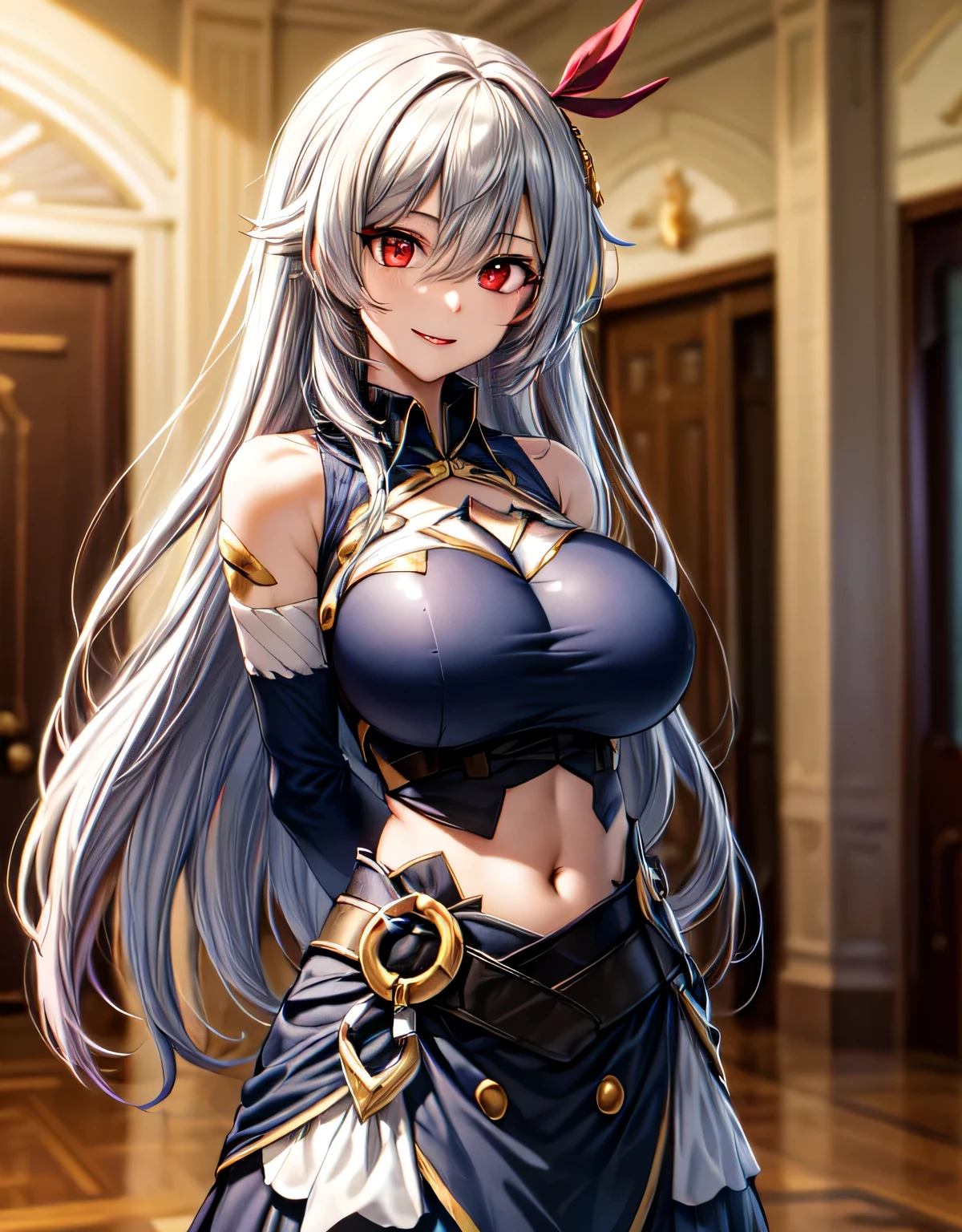 (large breasts:1.55),(shiny,hair),((solo)),((masterpiece)),((best quality)),perfect anatomy,slim waist,perfect image,8k UHD,(beautiful detailed eyes:1.5),extremely detailed face,standing,(upper body:1.25),(look at the front:1.5),(arms behindback:1.15),ultra-detailed,absurdres,ultra-highres,aaev, long hair, hair ornament,cleavage, clothing cutout, blue shirt, sleeveless shirt,midriff, skirt, blue skirt,(indoor hall),smile,(red eyes),lips,