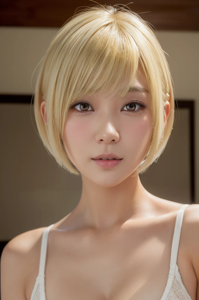 (A very cute 20 year old young woman from Japan), ((bright blonde delicate hair)), ((messy side wave short hair)),(((Slender and slender body type))),medium bust size、small breasts、 (((Clean hands))),(curly hair),(((very kind smile))),
