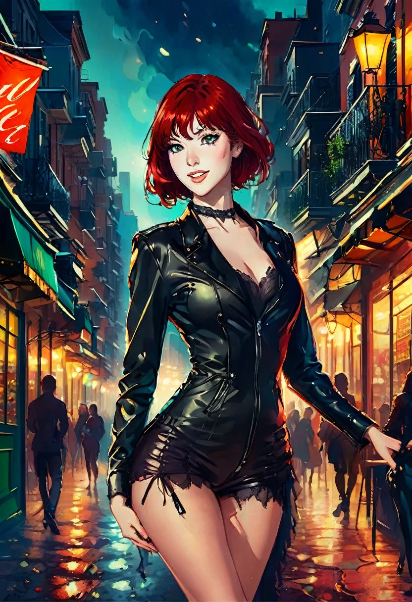 ((Night:1.4)). New Orleans, French Quarter,((full body:1.4)),(joyful, playful smile, laughter:1.3).,(ultra realistic illustration:1.3).Sexy 23yo French woman, dyed red hair, green eyes.(tall:1.1), fit, natural perky breasts, perfect round ass, (suntan). (bangs, long hair:0.8), Smoky eye, choker Leather jacket, Sheer lace top, skinny jeans, high heels. Masterpiece, best quality,(highly detailed:1.2),(detailed face and eyes:1.2), 8k wallpaper, depth of field, natural lighting. core shadows, high contrast, bokeh.(rule of thirds), cinematic, atmospheric, contrast, intricate