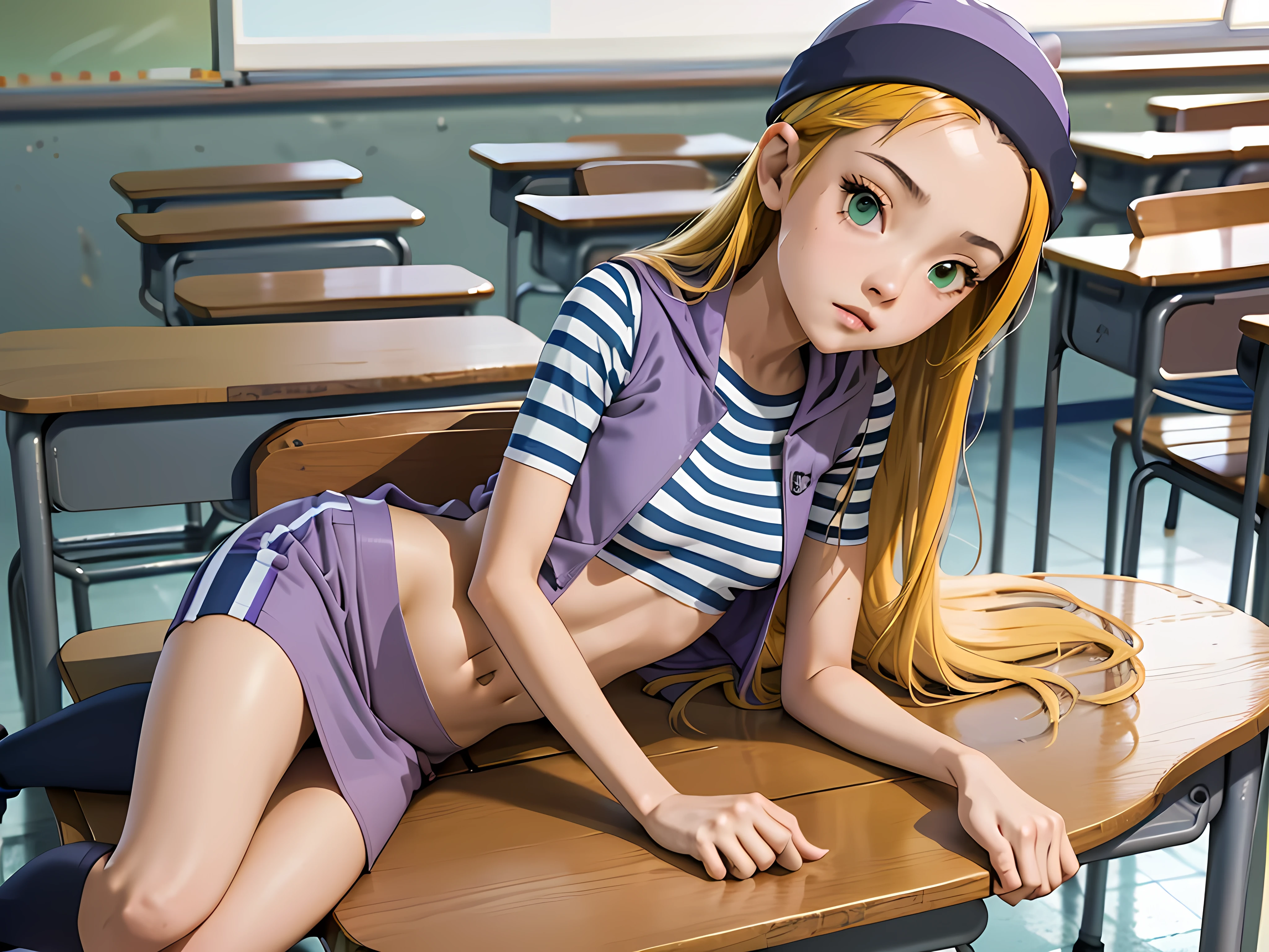 (masterpiece, best quality), 1girl, izumi Orimoto, indoors, classroom, green eyes, blonde hair, long hair, purple beanie, purple vest, purple miniskirt, blue white striped shirt, long purple socks, purple vest, striped shirt, navel shirt, medium size breast, lying down on a table. above a table, resting