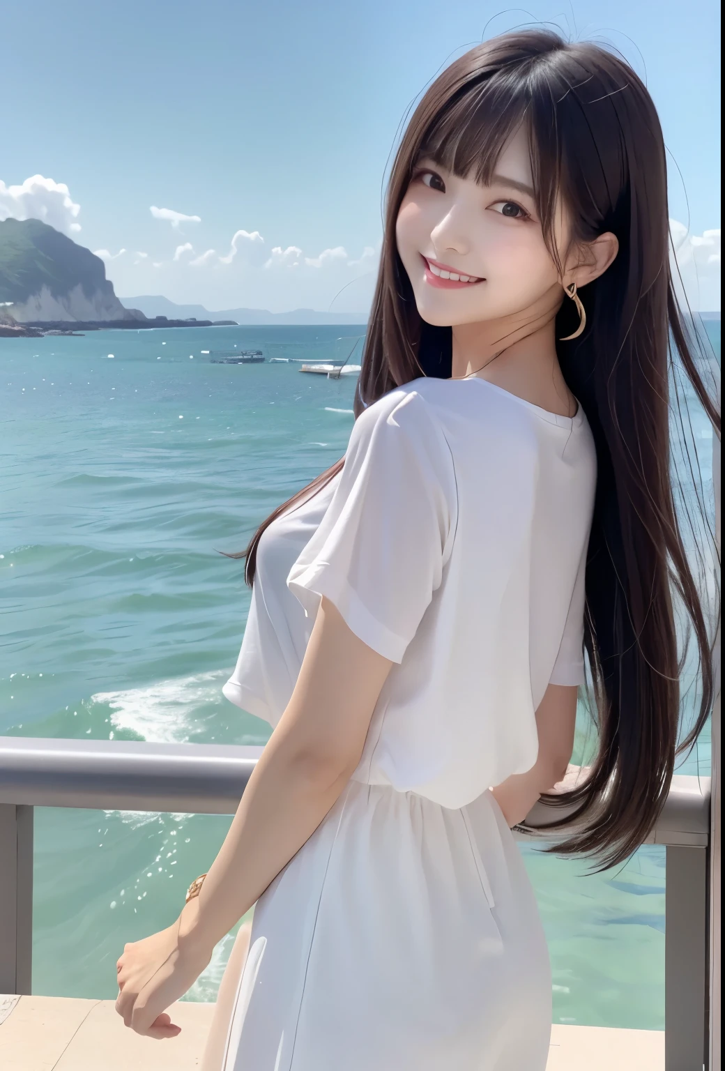 masterpiece、Highest quality、whole body、One Girl、bangs、Japanese、Long Black Hair、Long Hair、smile、alone、Ocean、Short sleeve、Stylish woman、pastel colored outfits、front、Luxury background elements、Confident expression、Modern and trendy、Fashion focus