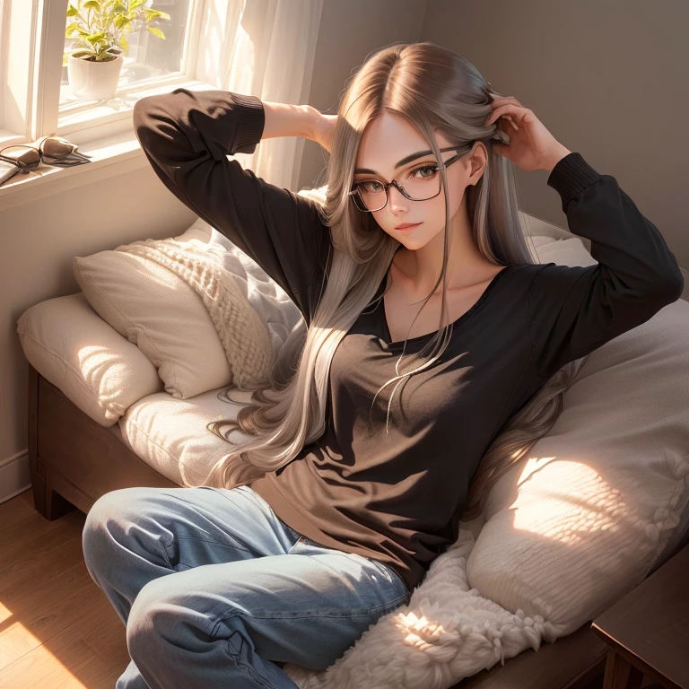 blond woman with glasses laying on a couch with her hand on her hips, a photorealistic painting inspired by Ion Andreescu, reddit, hyperrealism, in a black hoodie, perfect white haired girl, relaxing on the couch, a hyperrealistic , hyperrealistic , with glasses, wearing black glasses, wearing jeans and a black hoodie, thick glasses