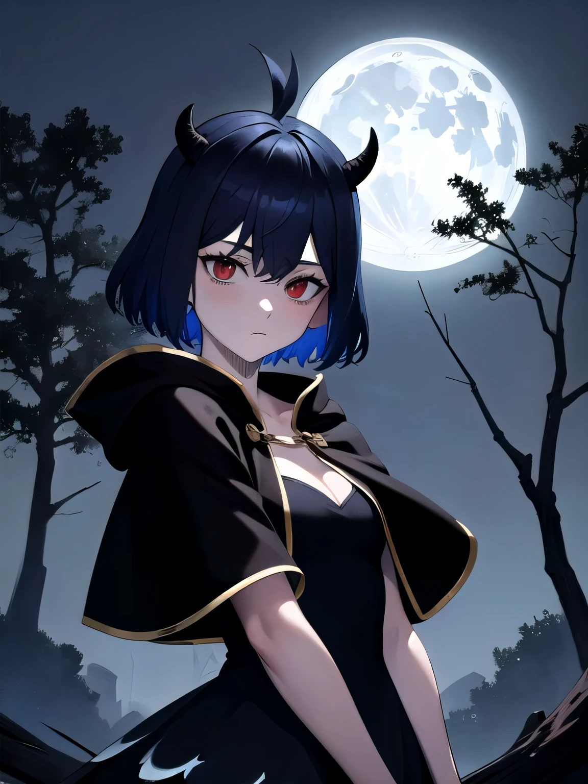 masterpiece, vibrant colours, best quality, detailed, highres, absurdres, score_9, score_8_up, score_7_up, aasecre, horns, black capelet, black dress, looking at viewer, upper body, night, moon, withered trees, looking at viewer