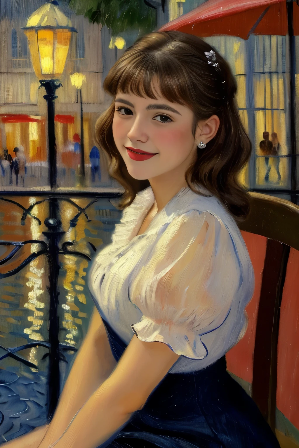 A painting in the style of the painter Van Gogh、, A Spanish beautiful girl, cute girl ,wonderful girl, she is 18-age, (dark brown hair , brown eye, middle curl hair, little smile ), (tradition l Spanish dress and skirt , hi-heal ), ,in Madrid night bar, on chair, many listener, dark lighting ((En plein air, impressionism, best quality, anatomically correct, masterpiece))