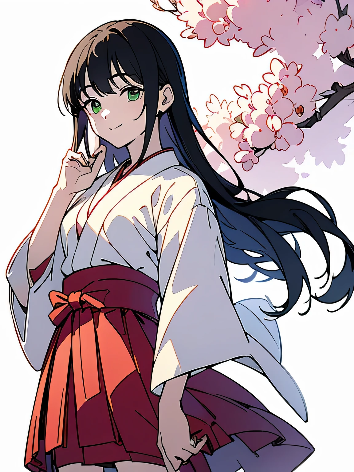 ((((masterpiece, Highest quality, Ultra-high resolution、Best illustrations))))、((Portrait of a person standing against white background))、anime、A very focused person、(Very delicate and cute face)、(Sparkling eyes)、A beautiful shrine maiden girl is standing alone、smile、Red cheeks、Medium size black hair、Beautiful green eyes、long red hakama、Knee-high boots、He has a wooden sword on his waist..、Standing looking straight ahead.、A point of view from the same height as the head、((Perfect hands))、