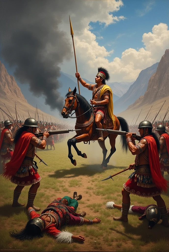 Give me an image about the death of Tupac Amaru in which four Spaniards are mounted on horses tied to each horse with a thick rope to each extremity (left arm, right arm, left leg and right leg), pulling thus strongly, noticing their pain.