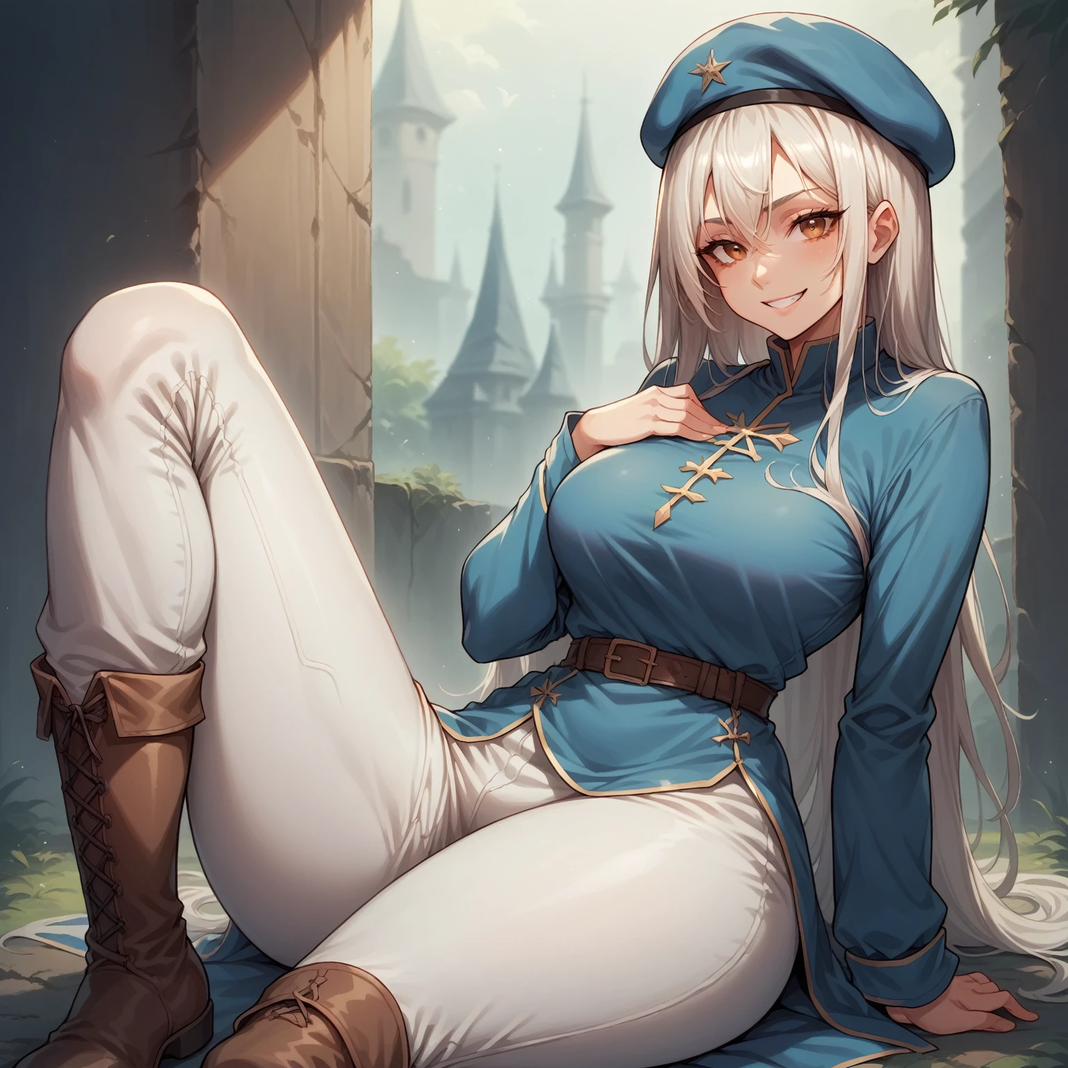 Falin Touden. Falin usually wears a white long-sleeved shirt and white pants., all under a dark blue tunic. She completes her look with knee-high brown boots and a beret that sets her apart.. look at the viewer (masterpiece, high quality: 1.1) smile