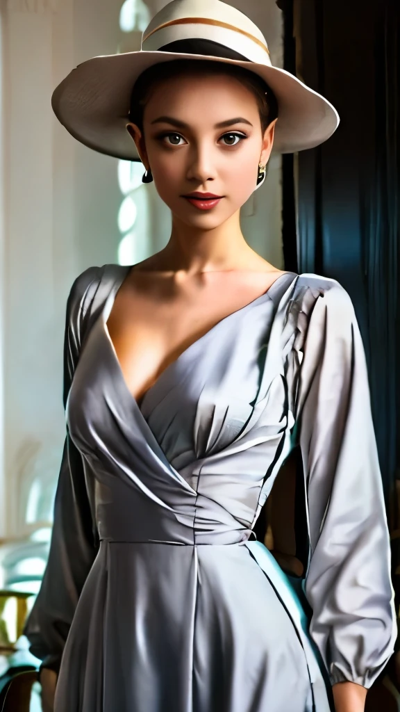 arafed woman in a gray dress and hat posing for a picture, sophisticated dress, cute elegant pose, elegant suit, elegant clothes, elegant and graceful, elegant dress, elegant posed, looks like audrey hepburn, elegant pose, elegant clothing, immaculate detail, elegant up to the elbow, graceful and elegant, stylish dark dress, dressed like in the 1940s