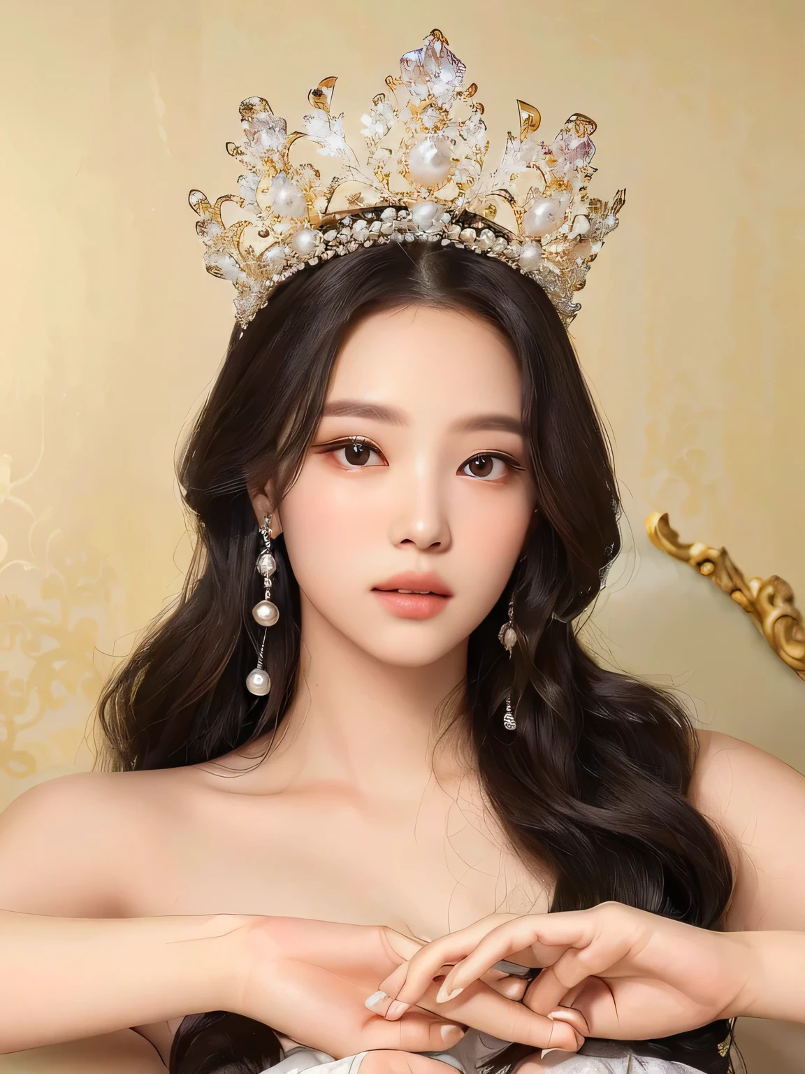 long wavy hair, pearl and gemstone crown, pearl-drop earrings, natural pose with hands gently placed, looking at the camera, smooth skin, indoor setting with a plain light background, soft and even lighting, elegant and regal atmosphere, front view, close-up shot, well-exposed image.