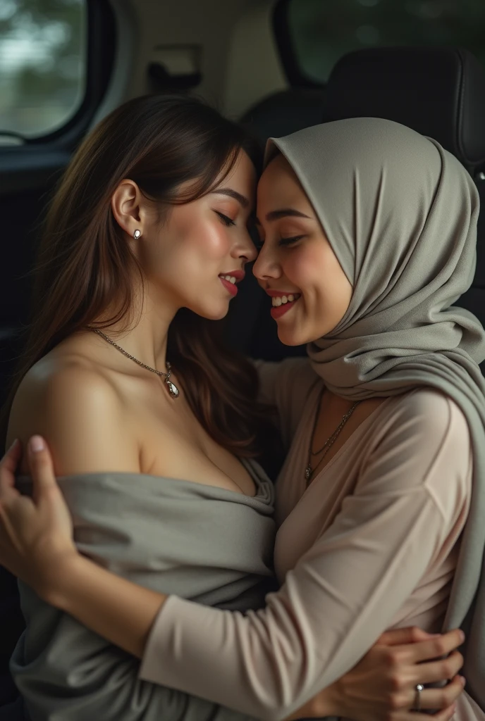 extreme close up of two beautiful teacher hijab indonesian lesbian girl laying down,bra and panties,hugging,french kiss,lesbian sex,,in a car,look to the viewer