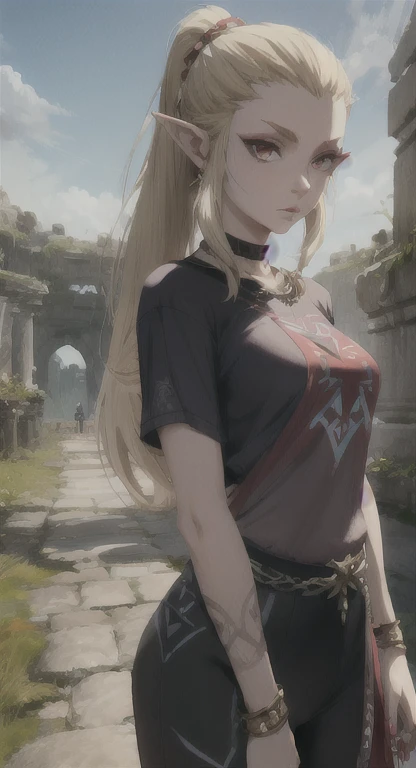 Modern Hylian, Hylia, blonde, red eyes, looking at viewer, POV, T-shirt, pants, ponytail braids hairstyle, ancient Hyrule ruins,